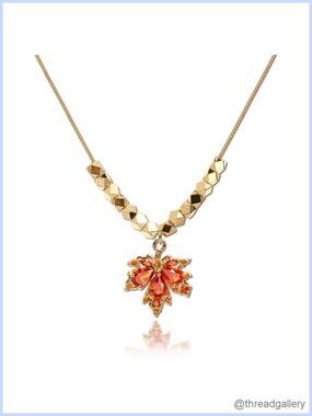 Dainty Gold Plated Maple Leaf Pendant Necklace for Women Cute Rhinestone Dangle